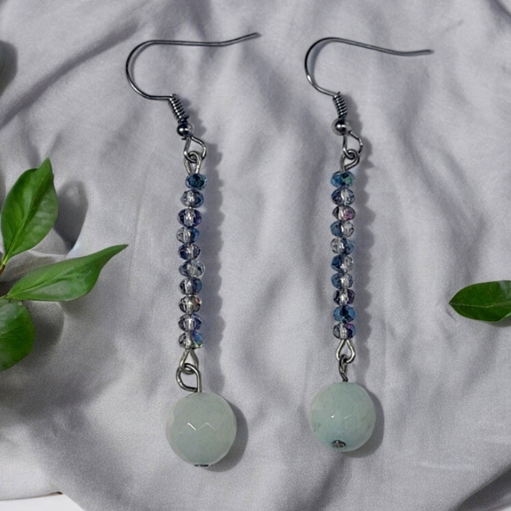 Jade Ball and Swarovski Linear Dangle Earrings